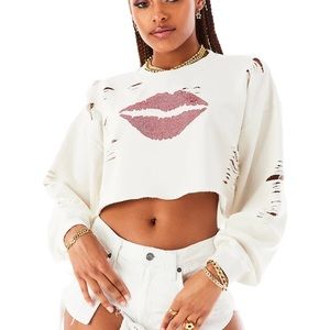 LF STORES RHINESTONE LIPS PULLOVER